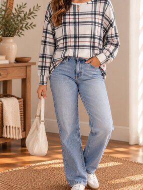 Natural Reflections Plaid Waffle Knit Long Sleeve Top Women's Large‎